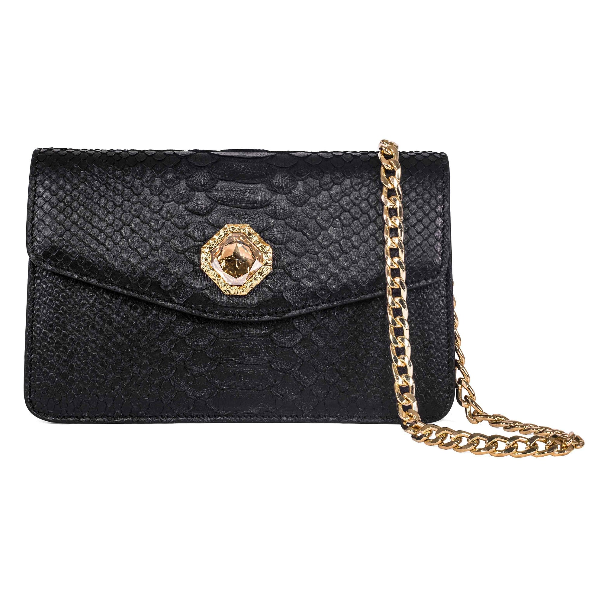 Allysa Payne Black Python Clutch with Custom Swarovski Stone