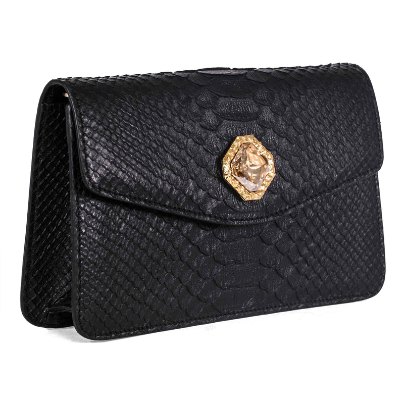 Allysa Payne Black Python Clutch with Custom Swarovski Stone
