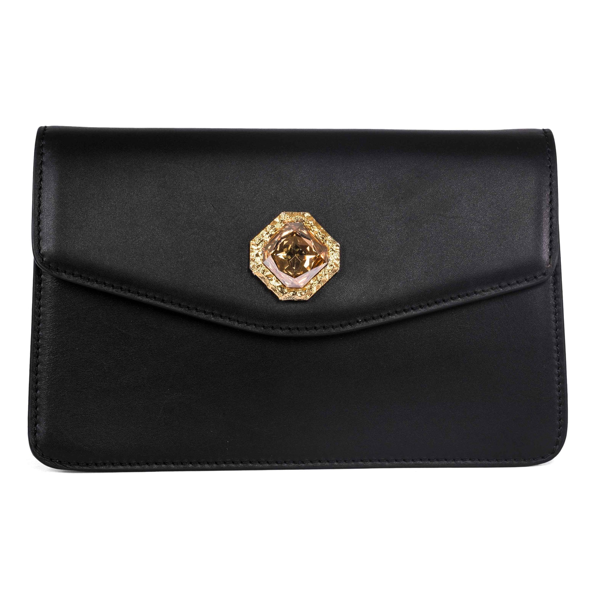 Allysa Payne Black Leather Clutch With Custom Swarovski Stone