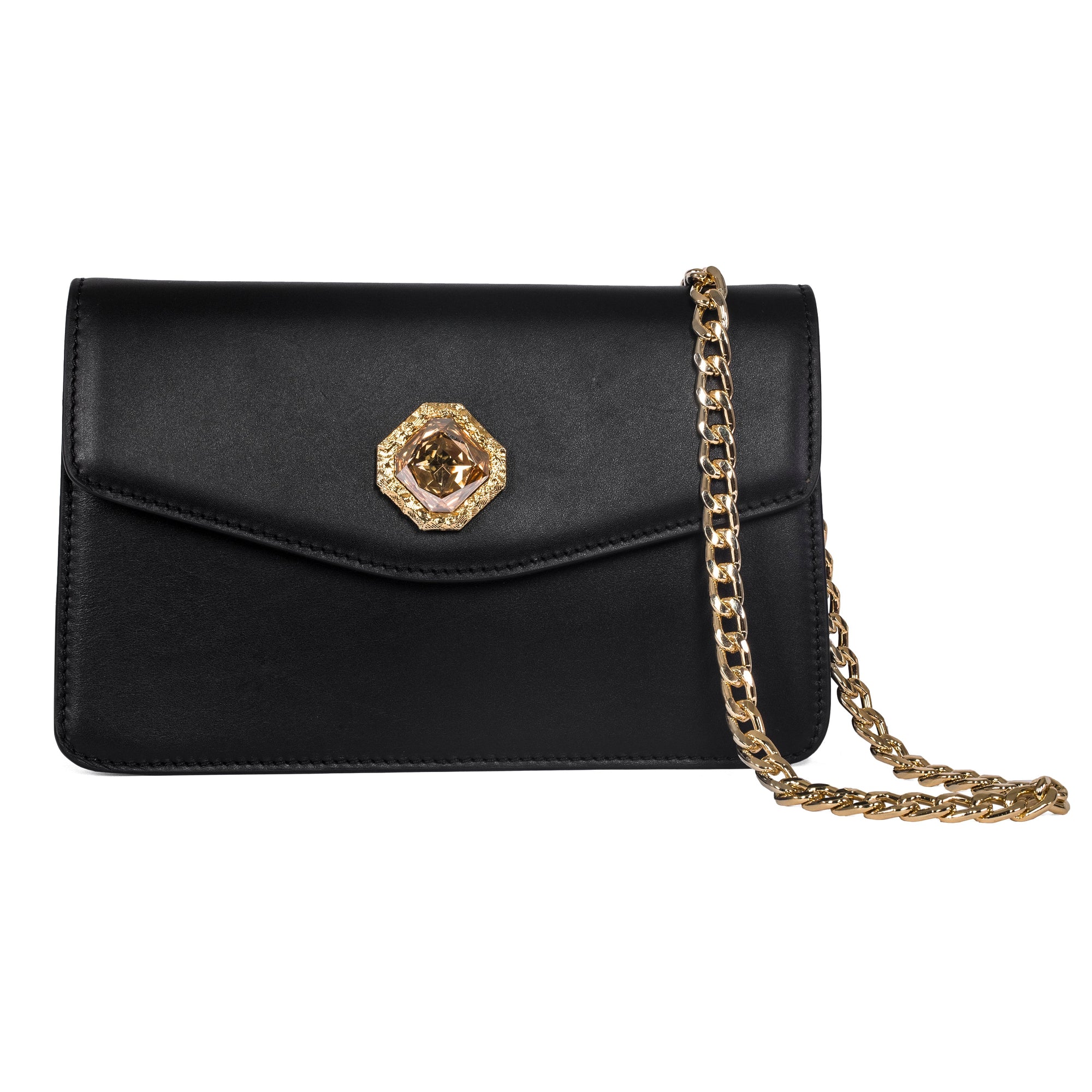 Allysa Payne Black Leather Clutch With Custom Swarovski Stone