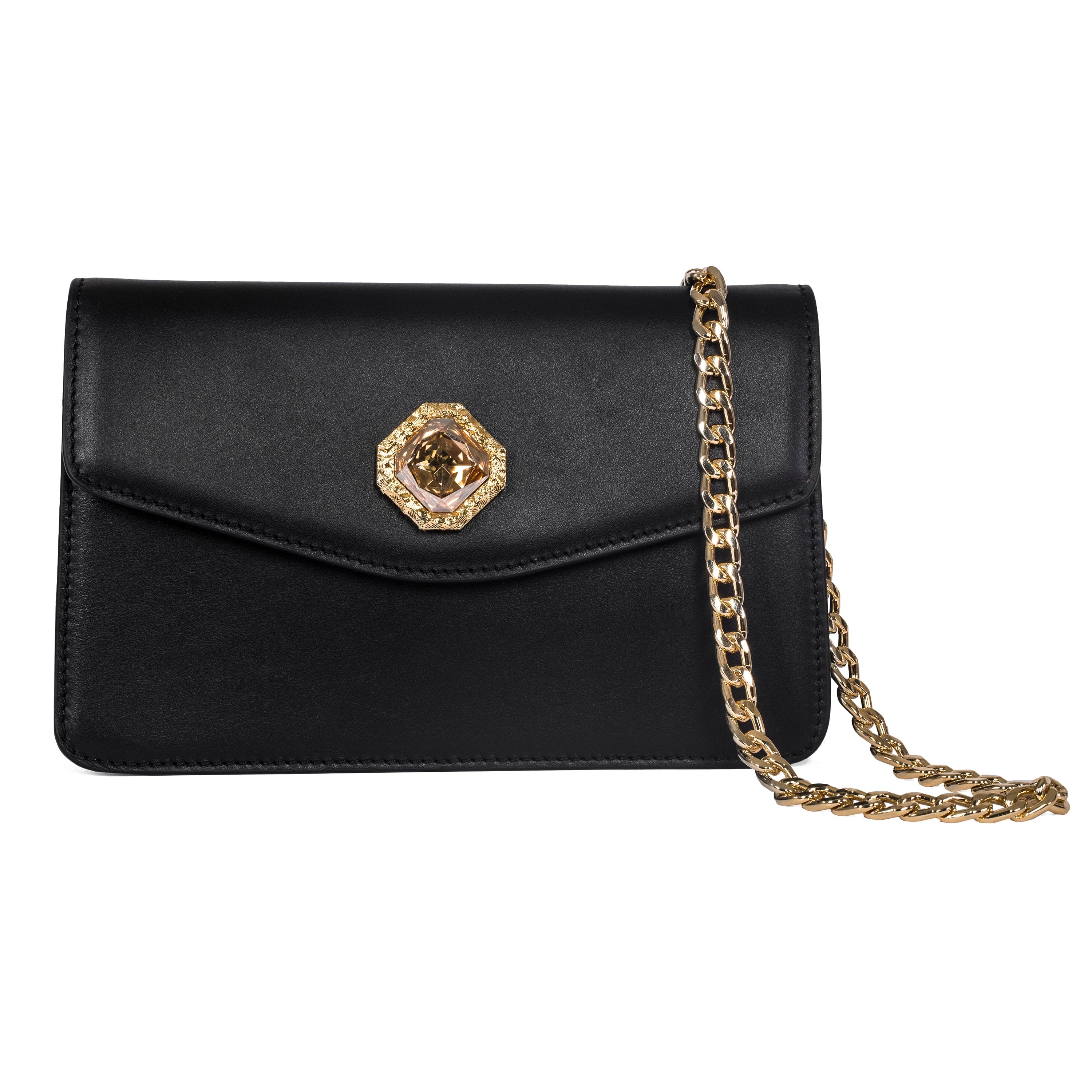 Allysa Payne Black Leather Clutch With Custom Swarovski Stone