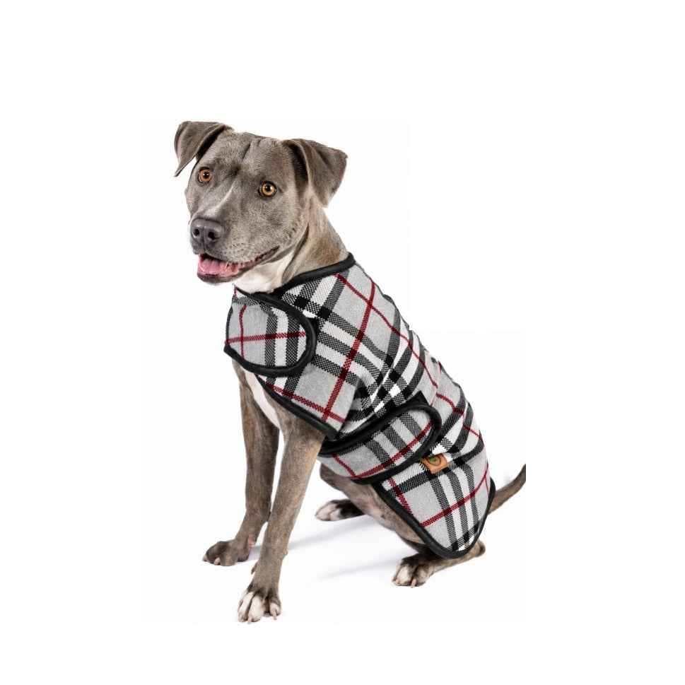 Chilly Dog Steel Tartan Plaid Fleece-Lined Wool Dog Blanket Coat