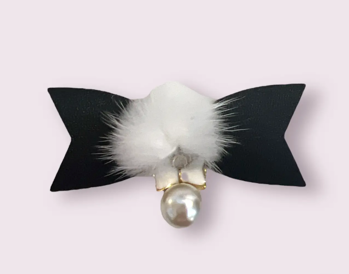 Vegan Leather Minky Pom & Pearl Dog Hair Bow