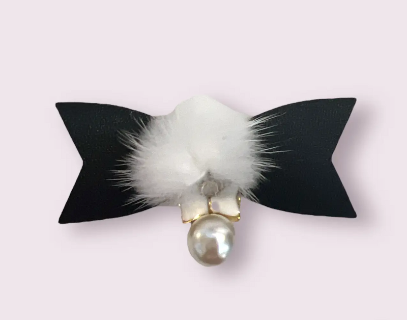 Vegan Leather Minky Pom & Pearl Dog Hair Bow