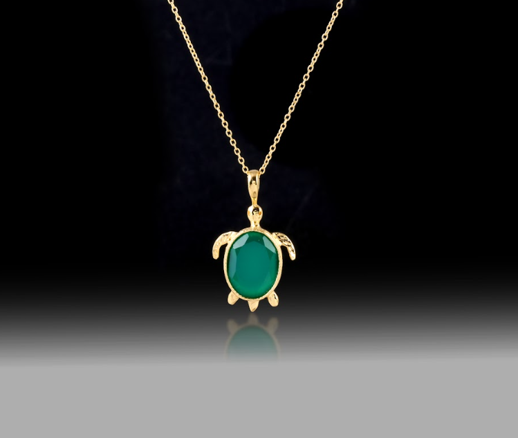 Green Onyx Turtle Necklace- 925 Sterling Silver