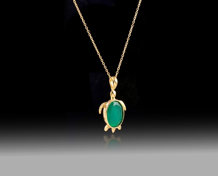 Green Onyx Turtle Necklace- 925 Sterling Silver