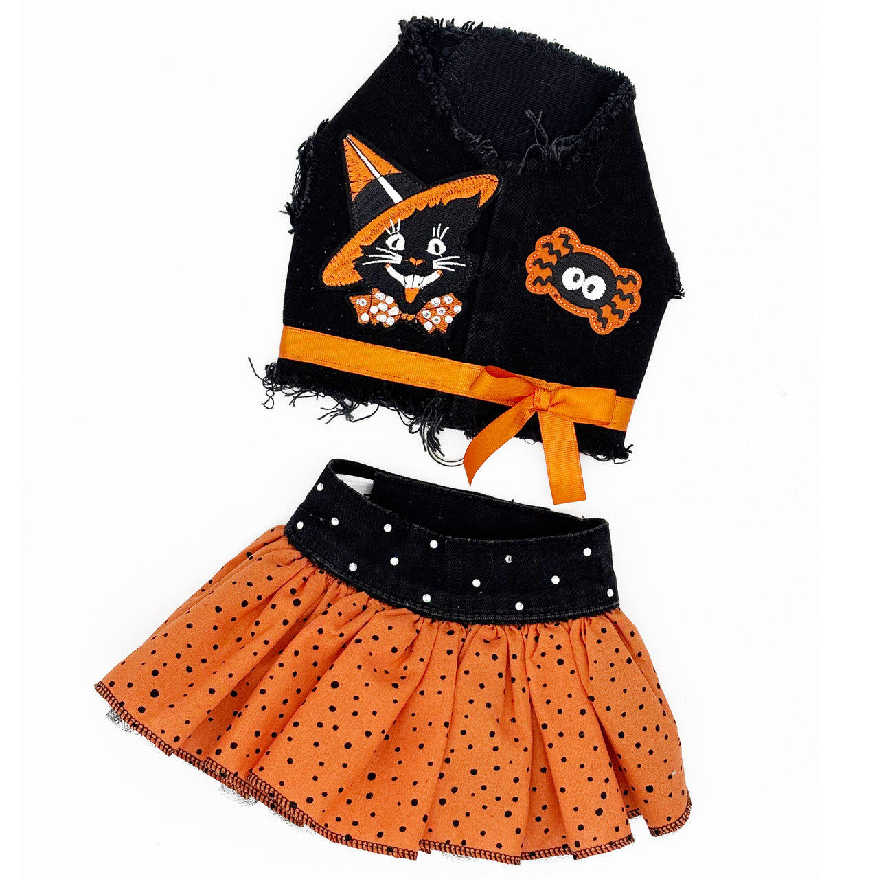 Spooky Cat Halloween Dog Harness Dress - Vintage Denim Vest & Polka Dot Skirt Set