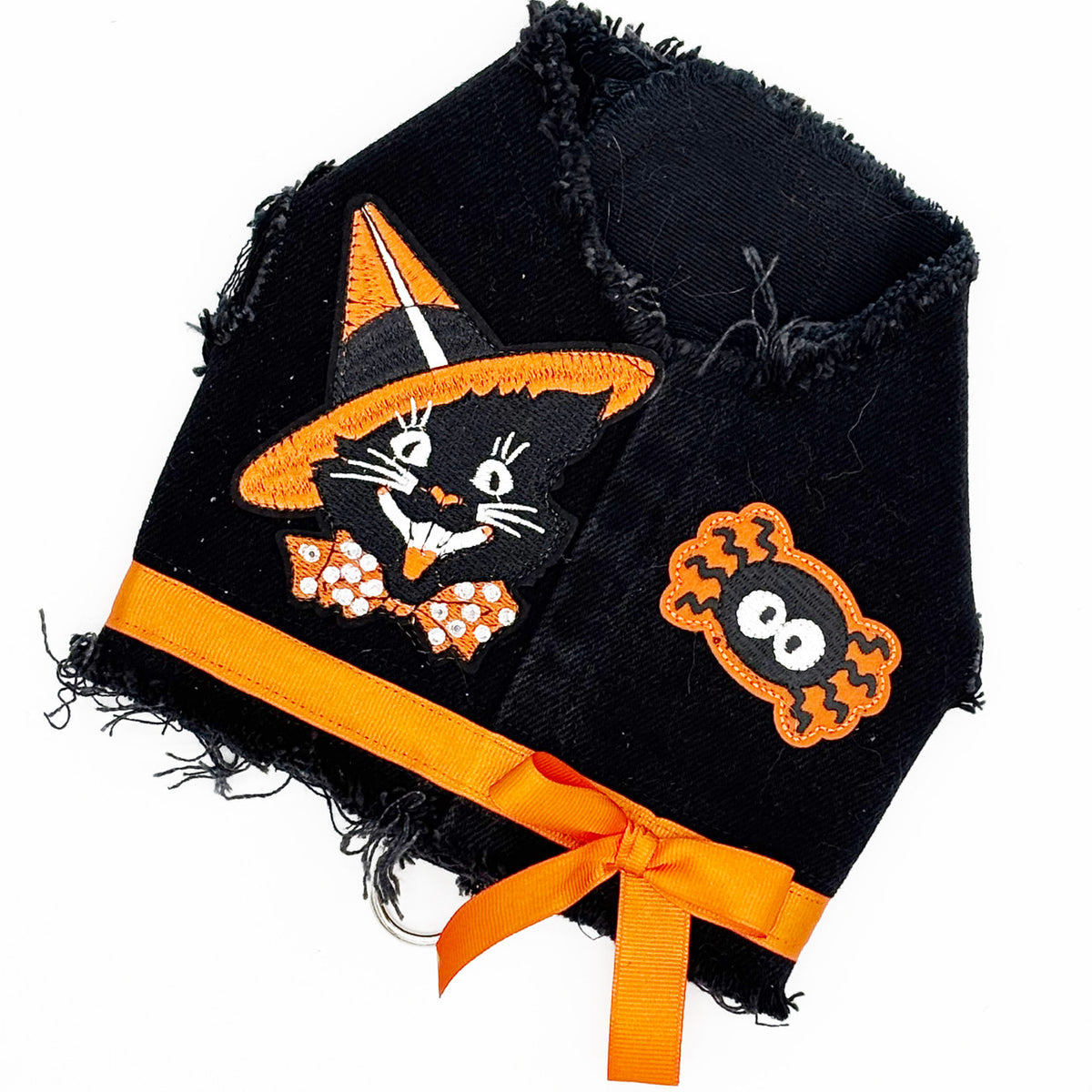 Spooky Cat Halloween Dog Harness Dress - Vintage Denim Vest & Polka Dot Skirt Set