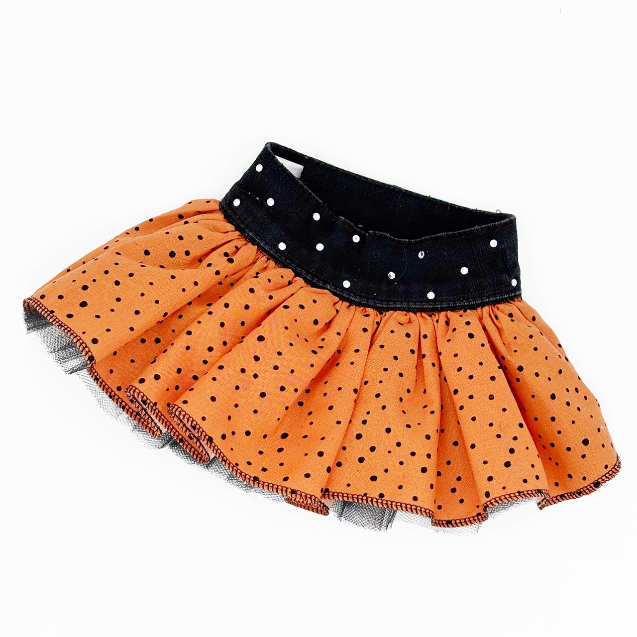 Spooky Cat Halloween Dog Harness Dress - Vintage Denim Vest & Polka Dot Skirt Set