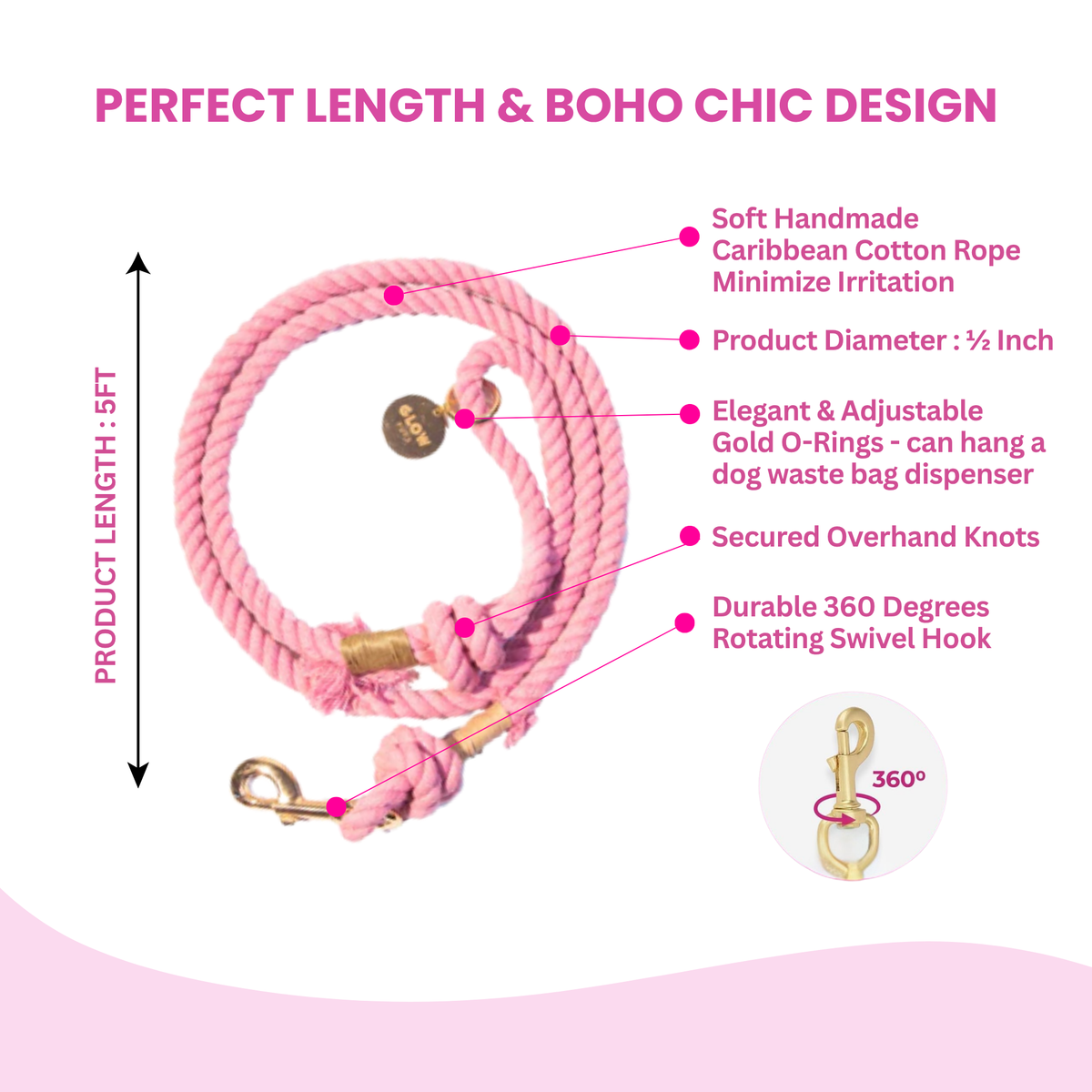Glow Pups: Light Pink Boho Chic Cotton Rope Dog Leash