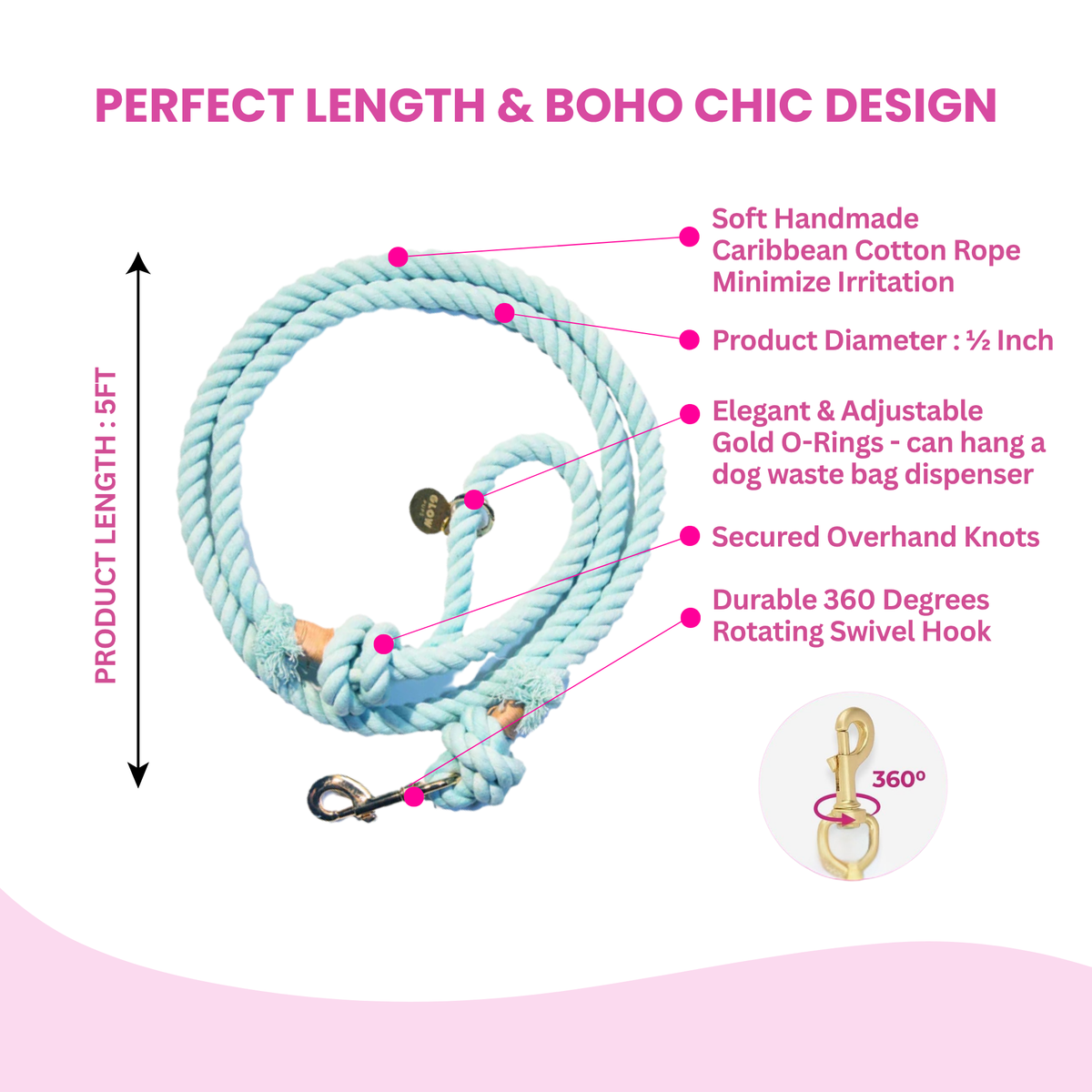 Glow Pups: Light Blue Boho Chic Cotton Rope Dog Leash