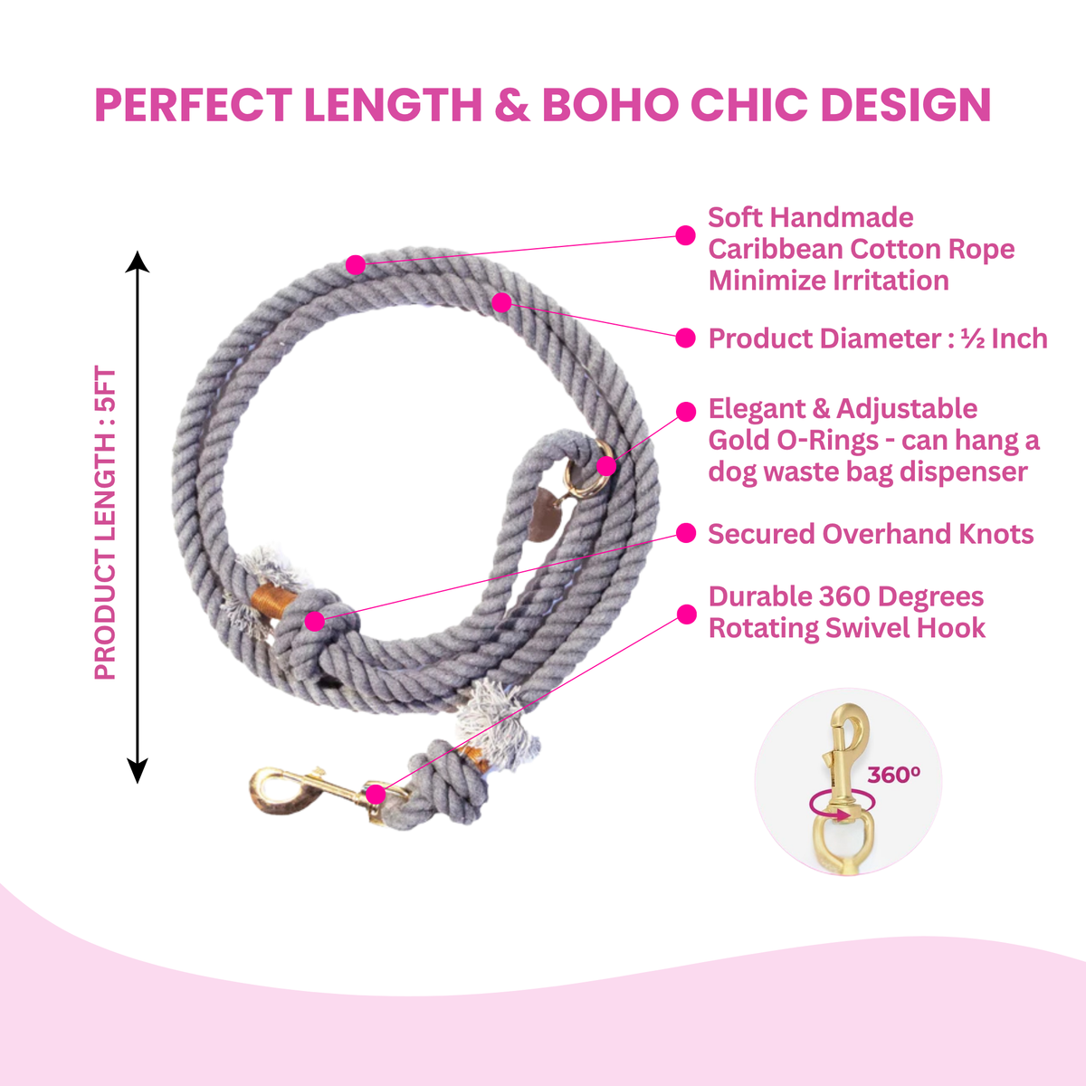 Glow Pups: Grey Boho Chic Cotton Rope Dog Leash