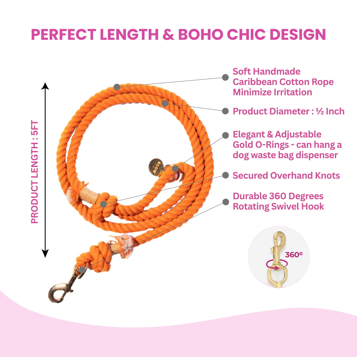 Glow Pups: Orange Boho Chic Cotton Rope Dog Leash