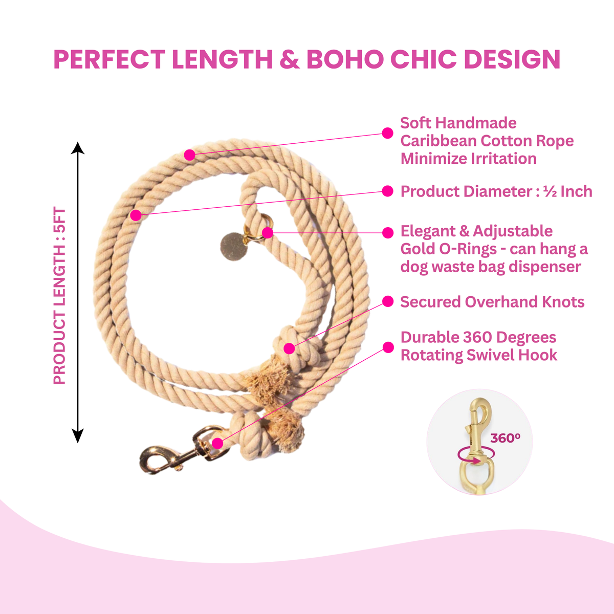 Glow Pups: Neutral Boho Chic Cotton Rope Dog Leash