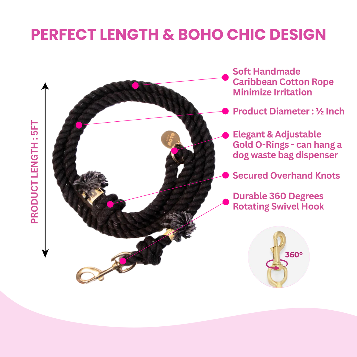 Glow Pups: Black Boho Chic Cotton Rope Dog Leash