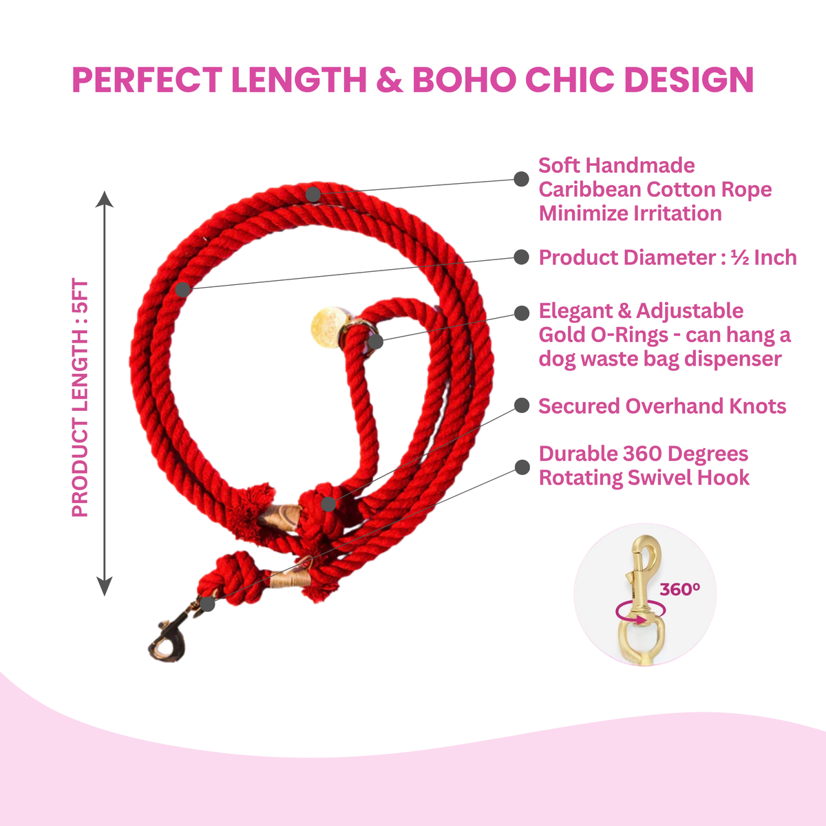 Glow Pups: Red Boho Chic Cotton Rope Dog Leash