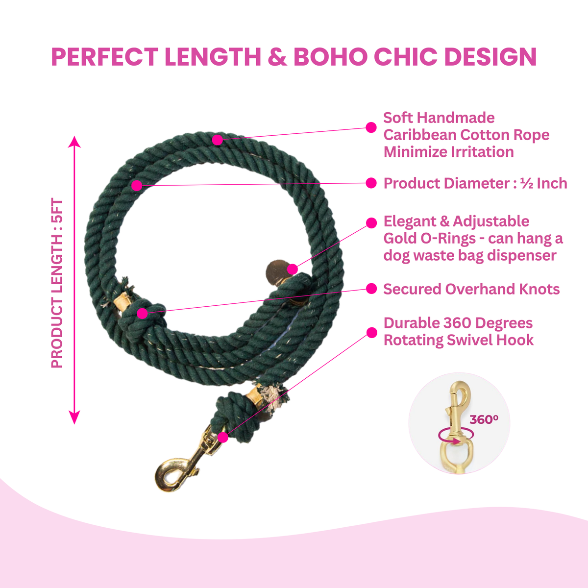Glow Pups: Dark Green Boho Chic Cotton Rope Dog Leash