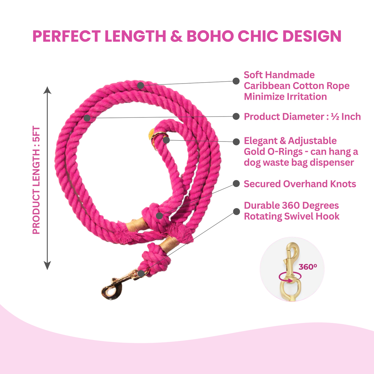Glow Pups: Bright Pink Boho Chic Cotton Rope Dog Leash