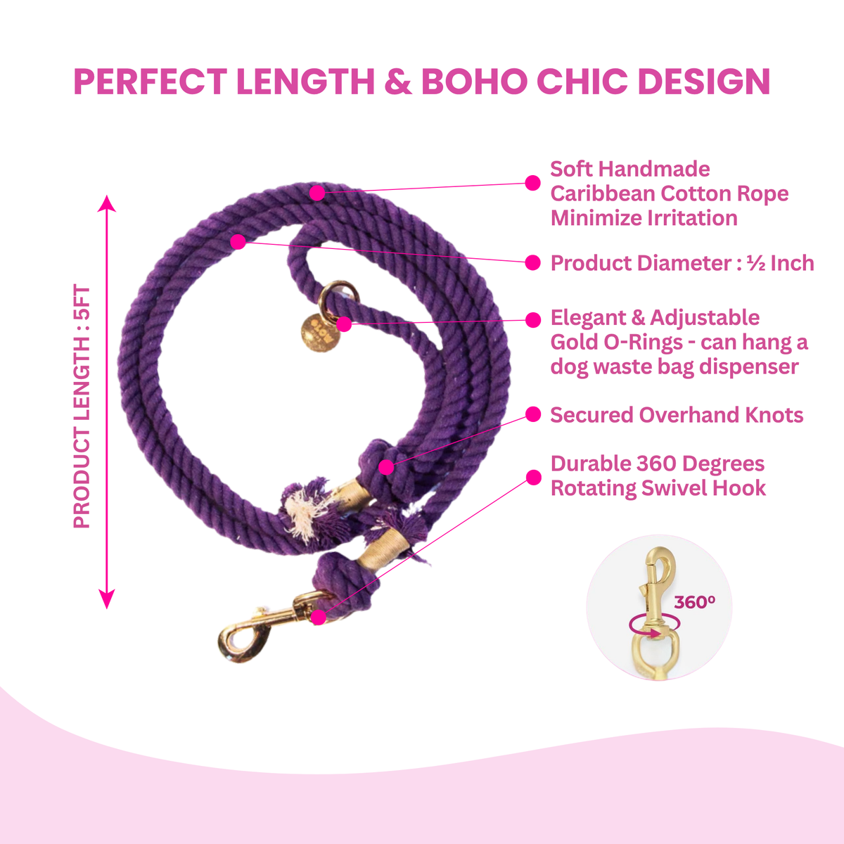 Glow Pups: Purple Boho Chic Cotton Rope Dog Leash