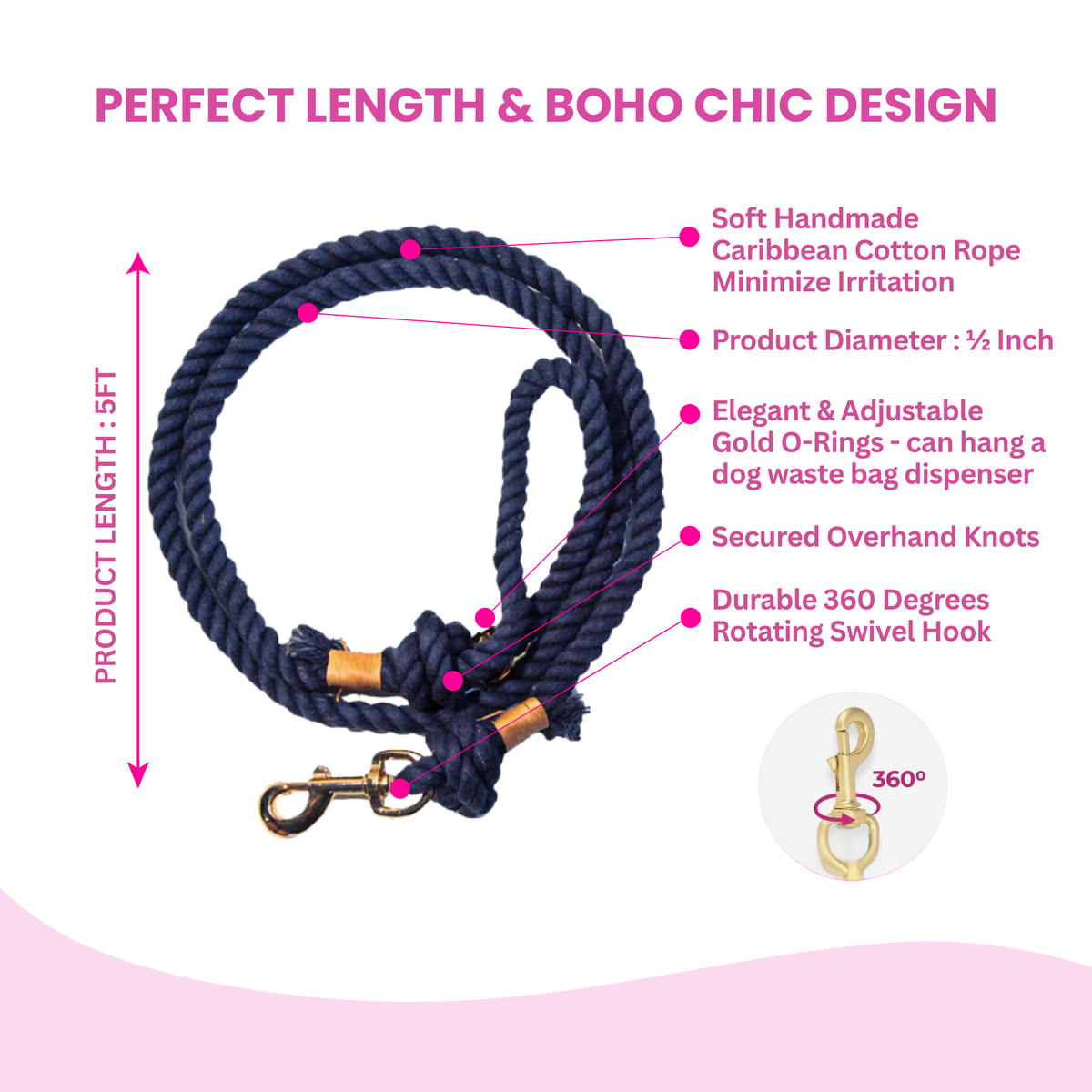 Glow Pups: Navy Blue Boho Chic Cotton Rope Dog Leash