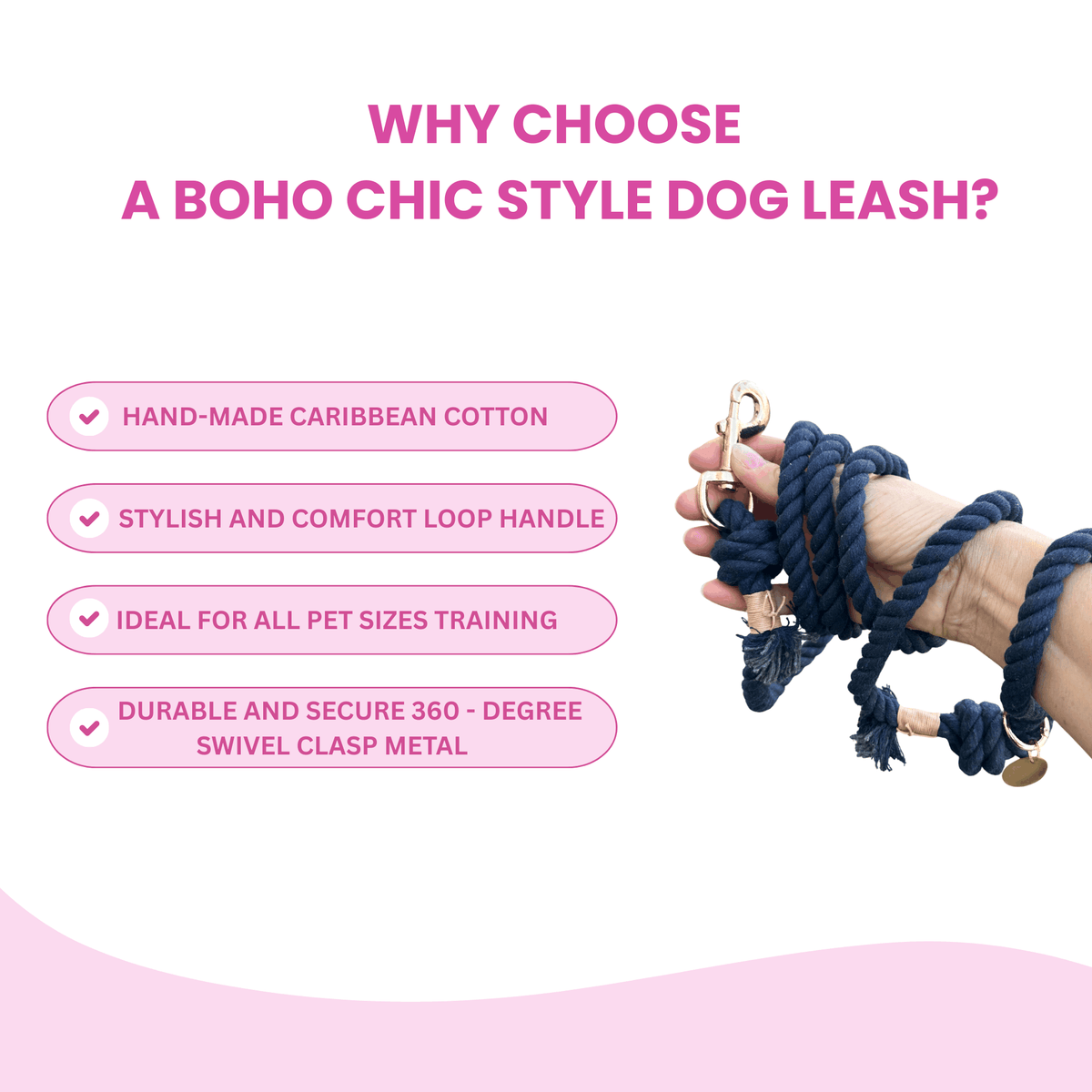 Glow Pups: Navy Blue Boho Chic Cotton Rope Dog Leash