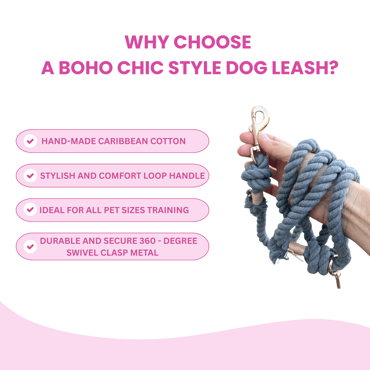Glow Pups: Grey Boho Chic Cotton Rope Dog Leash