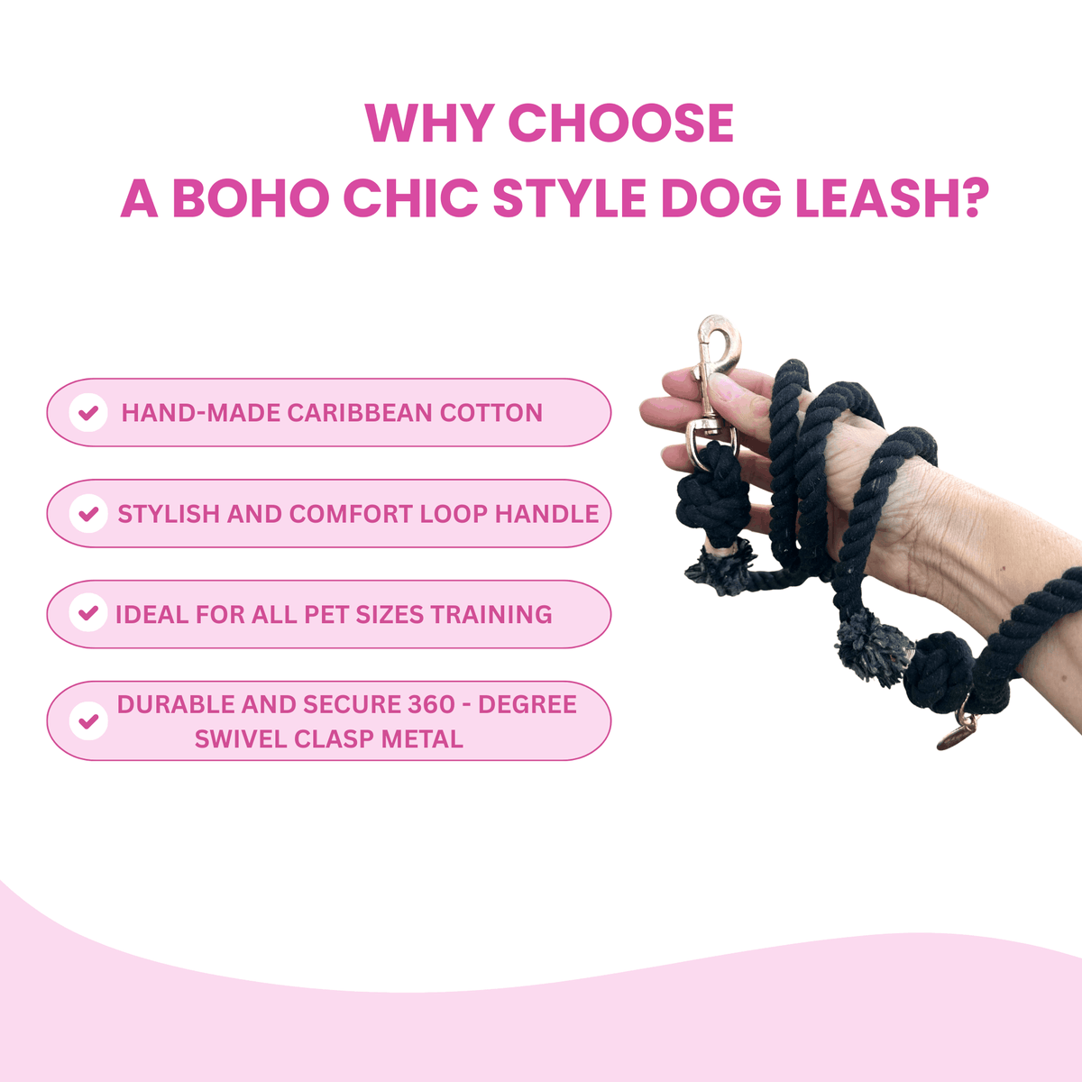 Glow Pups: Black Boho Chic Cotton Rope Dog Leash