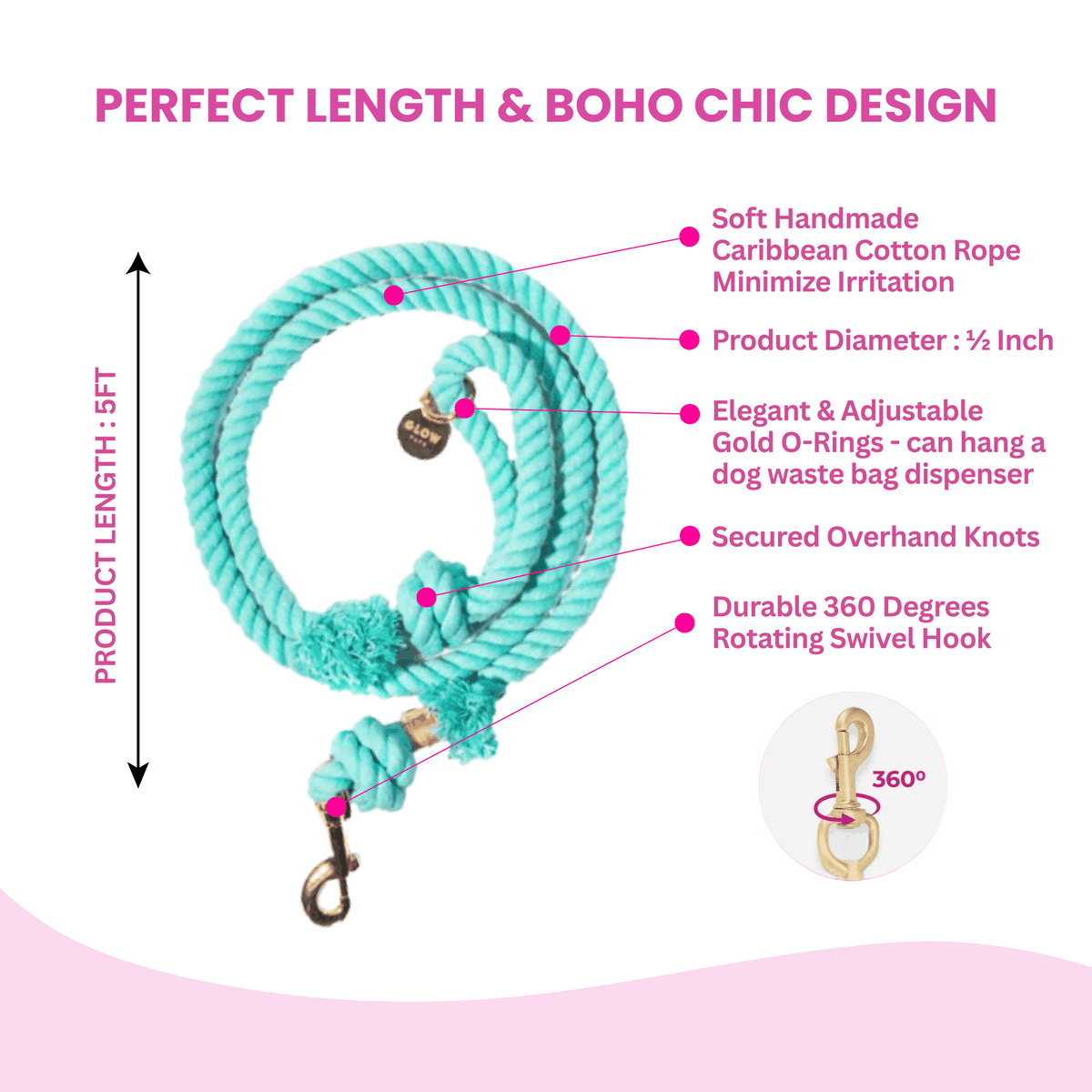 Glow Pups: Turquoise Boho Chic Cotton Rope Dog Leash