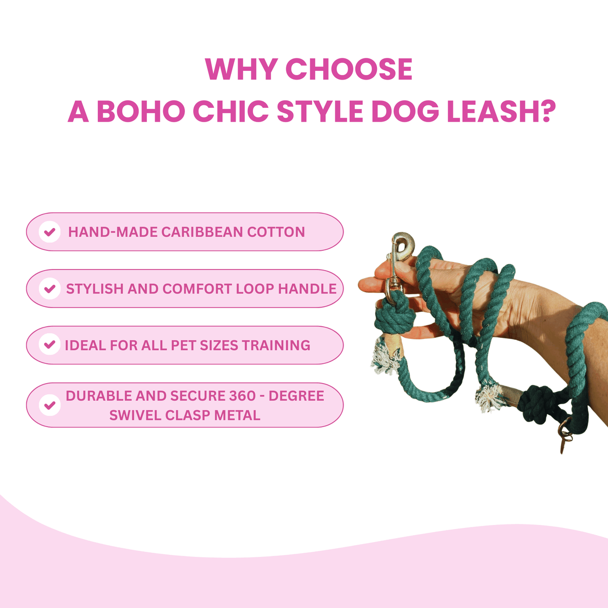 Glow Pups: Dark Green Boho Chic Cotton Rope Dog Leash
