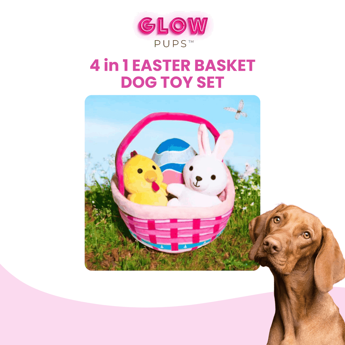 Glow Pups: Easter Basket Plush Dog Toy Set with Bunny, Chick and Egg