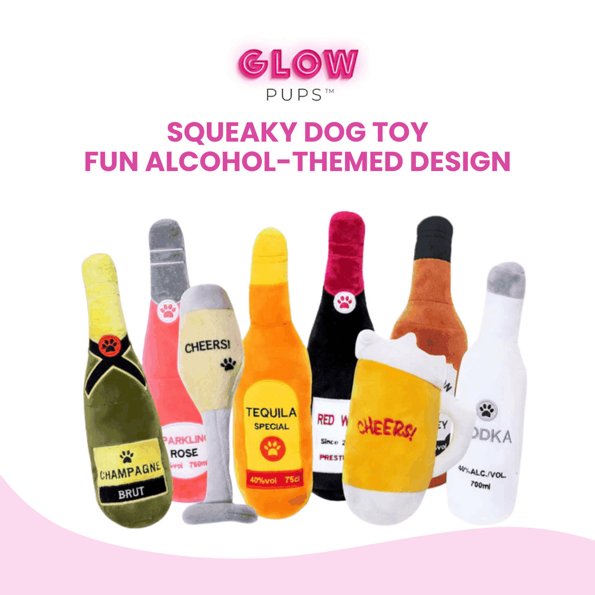 Glow Pups: Sparkling Rose Wine Squeaky Plush Dog Toy