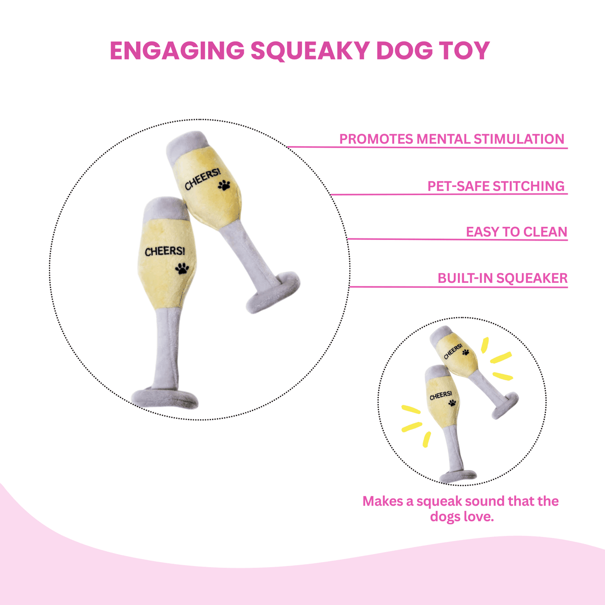 Glow Pups: Champagne Glass Squeaky Plush Dog Toys - 2 Pack