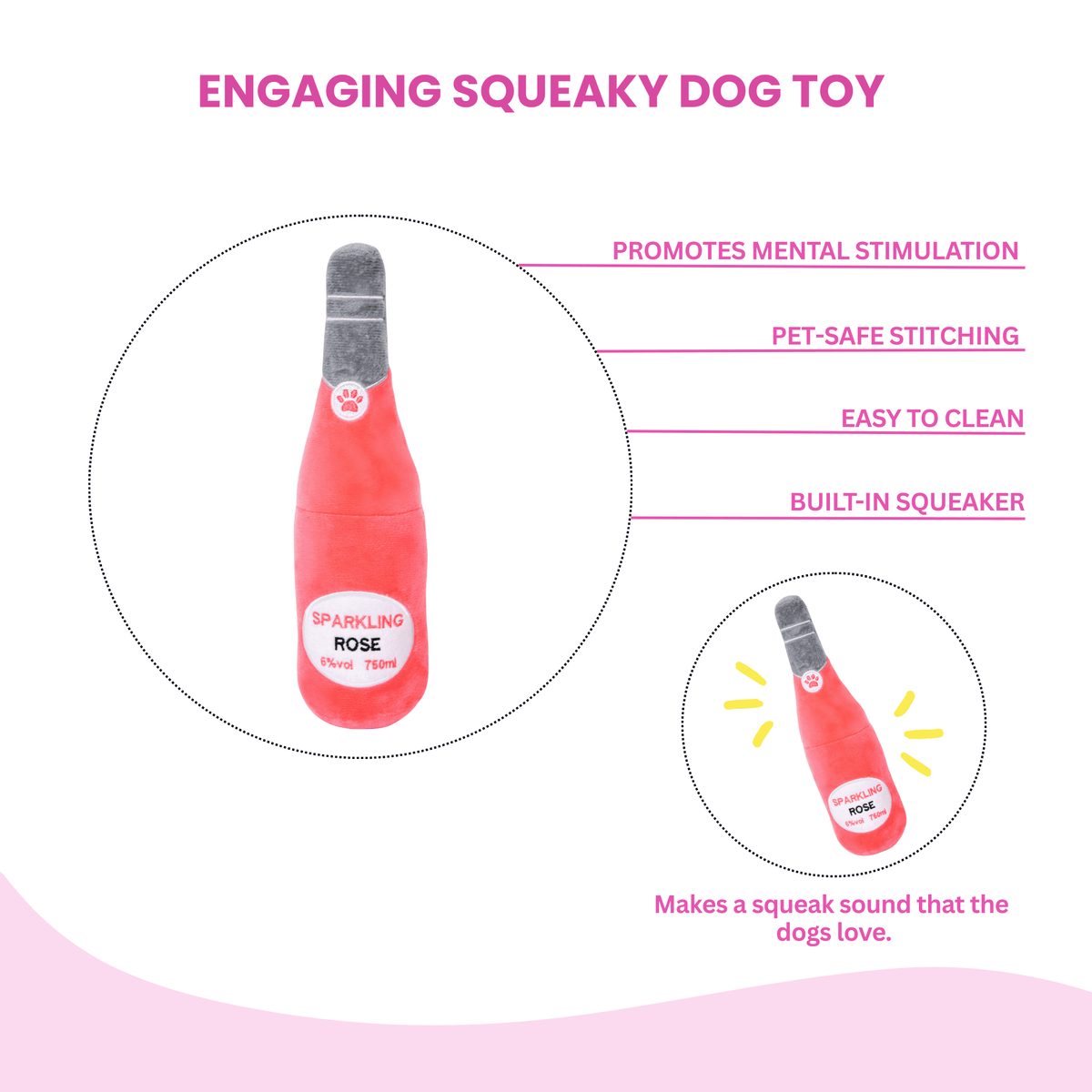 Glow Pups: Sparkling Rose Wine Squeaky Plush Dog Toy