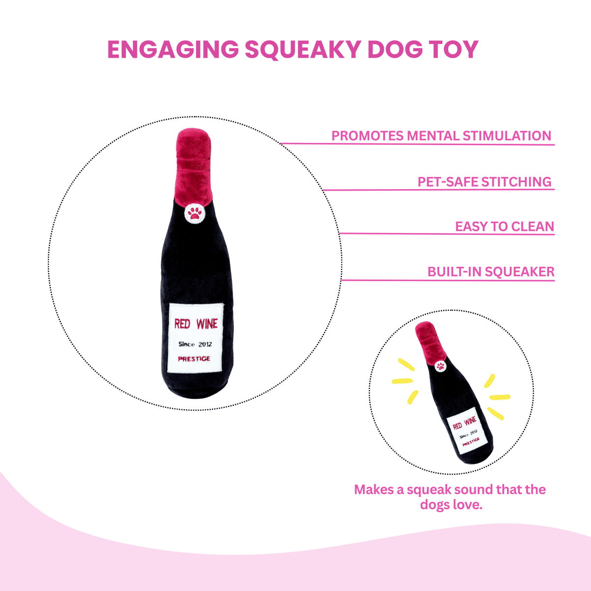 Glow Pups: Red Wine Squeaky Plush Dog Toy