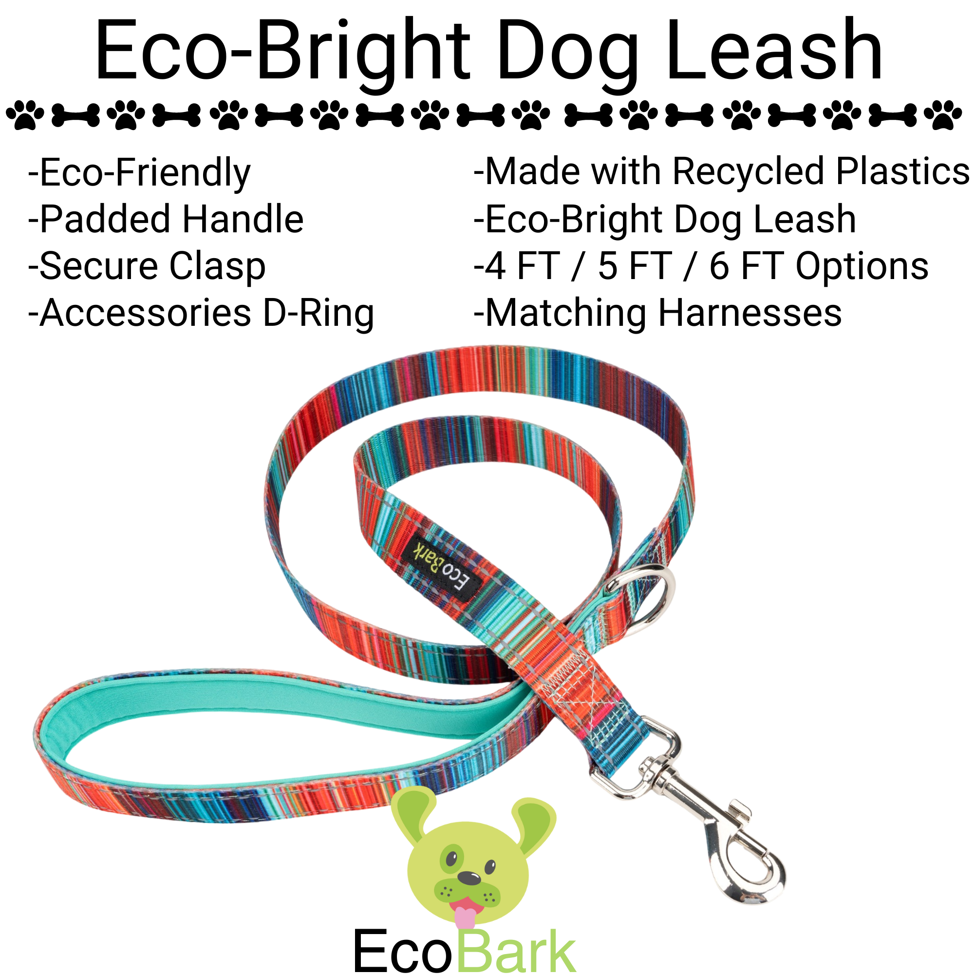 Stripe Dog Leash by EcoBark - Multicolor Padded Comfort Grip Leash - 4ft, 5ft, and 6ft Leash for Small and Medium Dogs