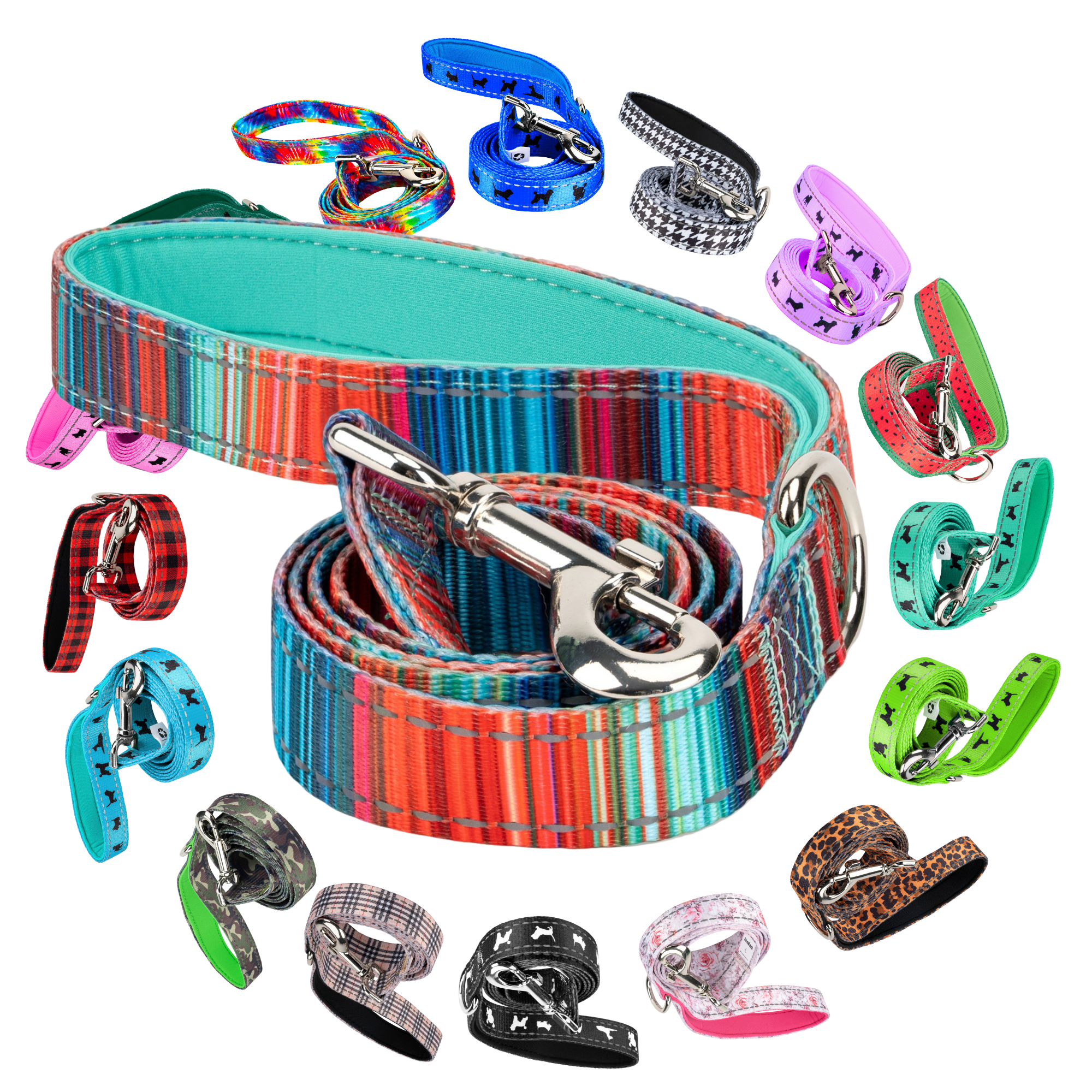 Stripe Dog Leash by EcoBark - Multicolor Padded Comfort Grip Leash - 4ft, 5ft, and 6ft Leash for Small and Medium Dogs