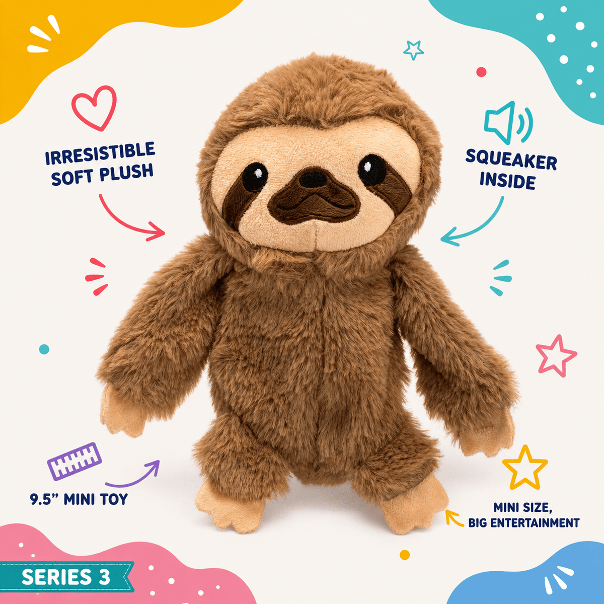 Dogline 9.5-Inch Sloth Crinkle Dog Toy with Squeaker