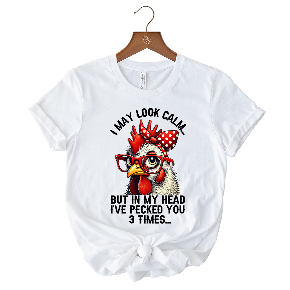 Pecking Chicken T-Shirt, Red Glasses and Bow White Tee for Sassy Women