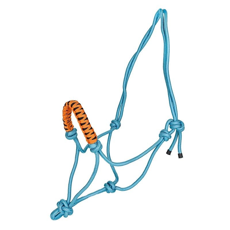Tabelo Rope Halter with Braided Noseband - Aqua-halter, Black/Orange Noseband - Horse