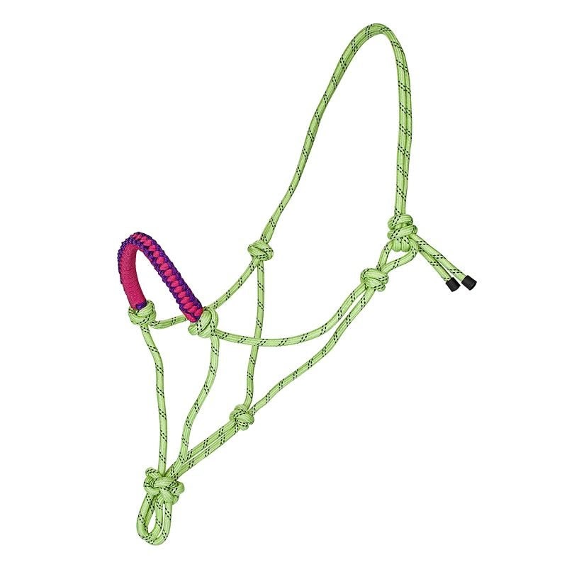 Tabelo Rope Halter with Braided Noseband - Lime/Speckle -halter, Purple/Hot Pink Noseband - Horse