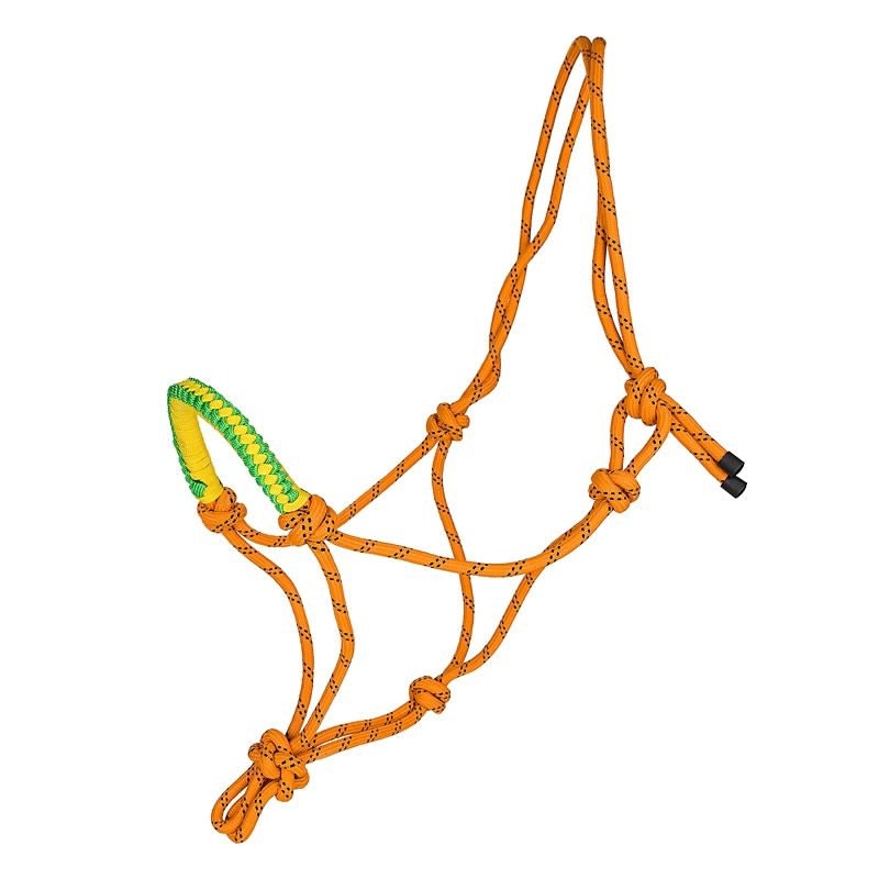 Tabelo Rope Halter with Braided Noseband - Orange/Speckle-halter, Lime/Yellow Noseband - Horse