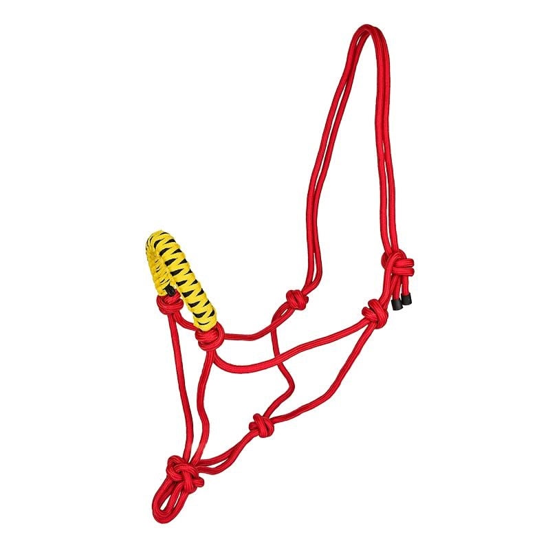 Tabelo Rope Halter with Braided Noseband - Red-halter, Yellow/Black Noseband - Horse