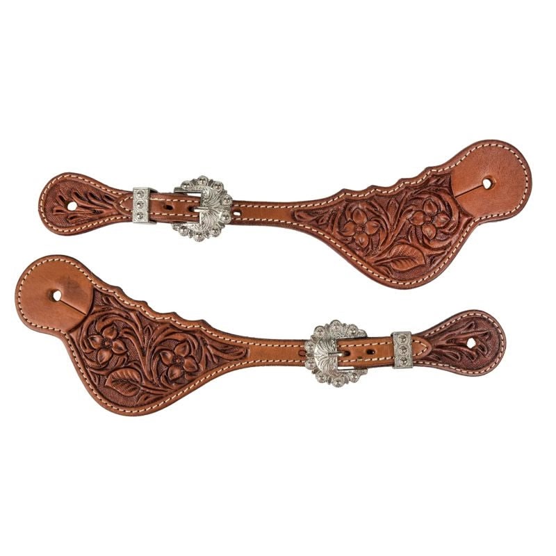 Tabelo Spur Straps with Floral Tooling - Chestnut - Adult