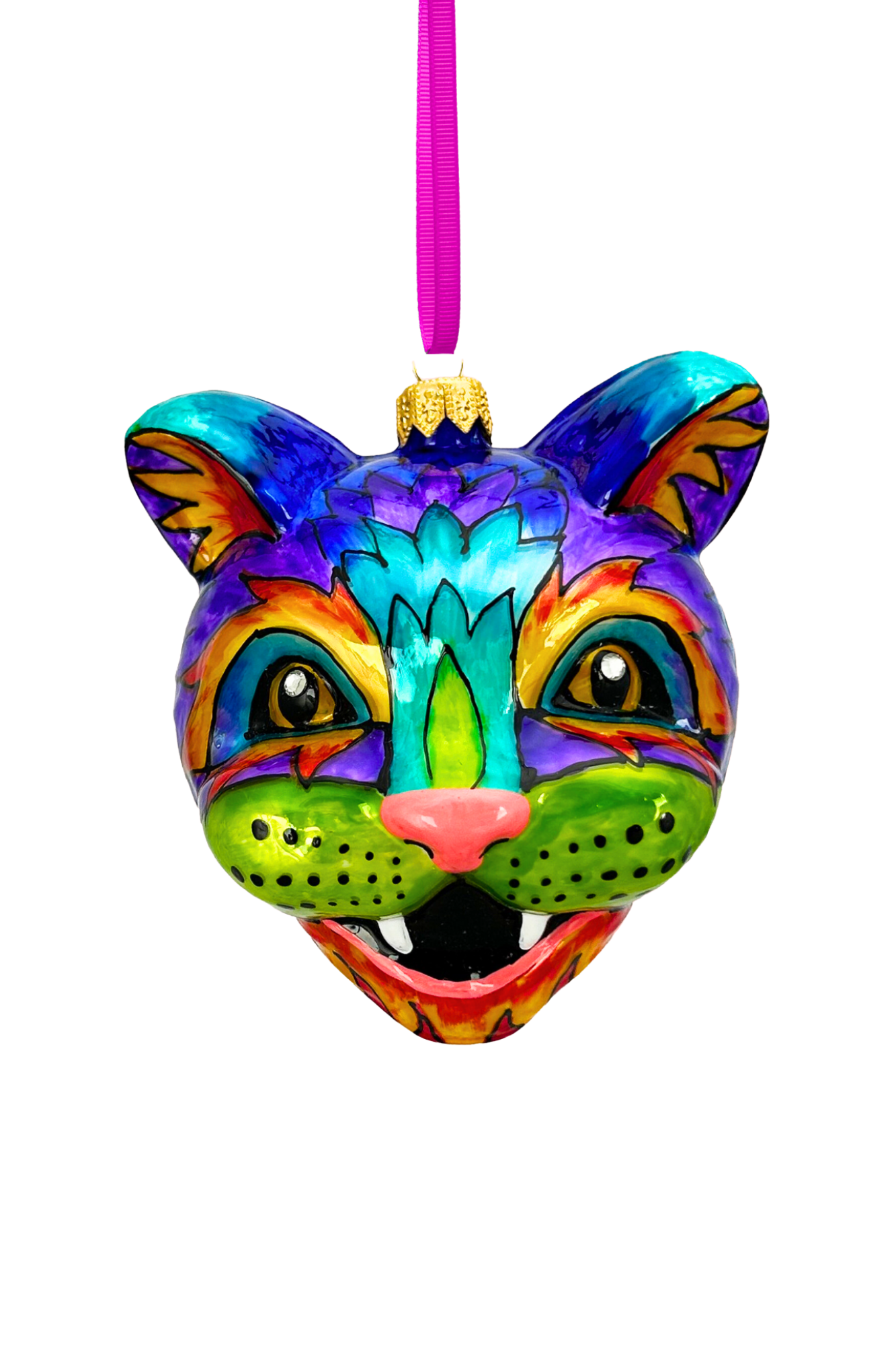 Technicolor Cat Hand-Painted Glass Ornament