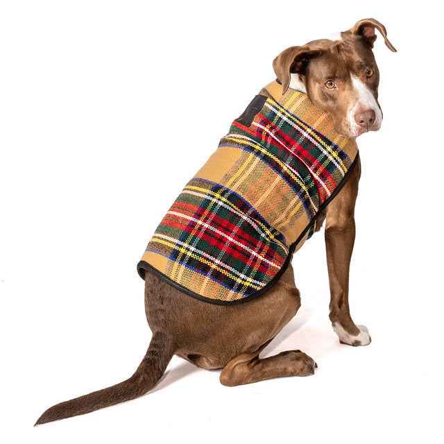 Chilly Dog Tan Tartan Plaid Fleece-Lined Dog Blanket Coat