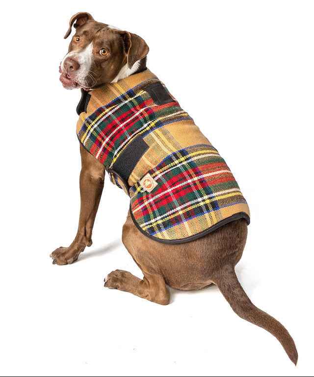 Chilly Dog Tan Tartan Plaid Fleece-Lined Dog Blanket Coat