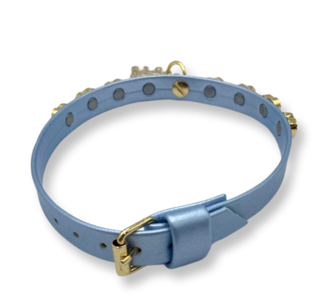 Fashion Collar and Plain Leash Set - Blue with Heart Studs