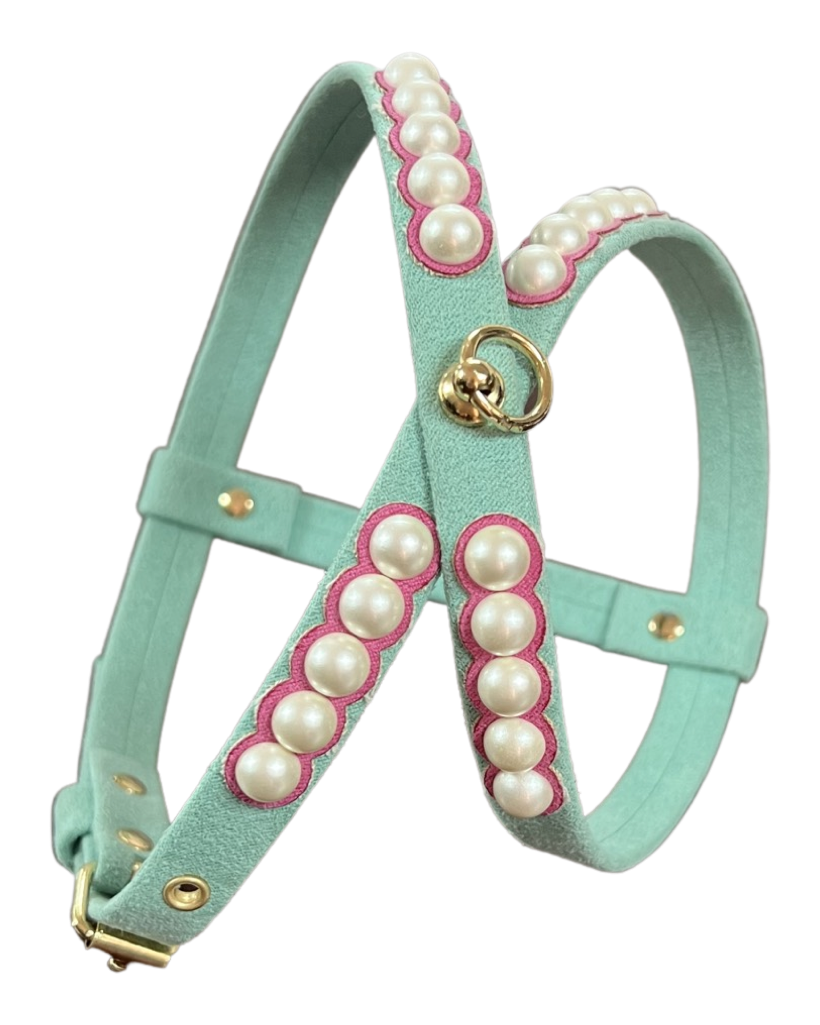 Fashion Dog Harness and Leash Set - Tiffany Blue with Pink and Pearls