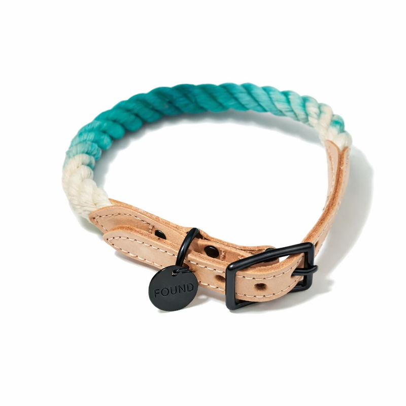 Teal Ombre Cotton Rope Cat & Dog Collar – Matte Black Hardware