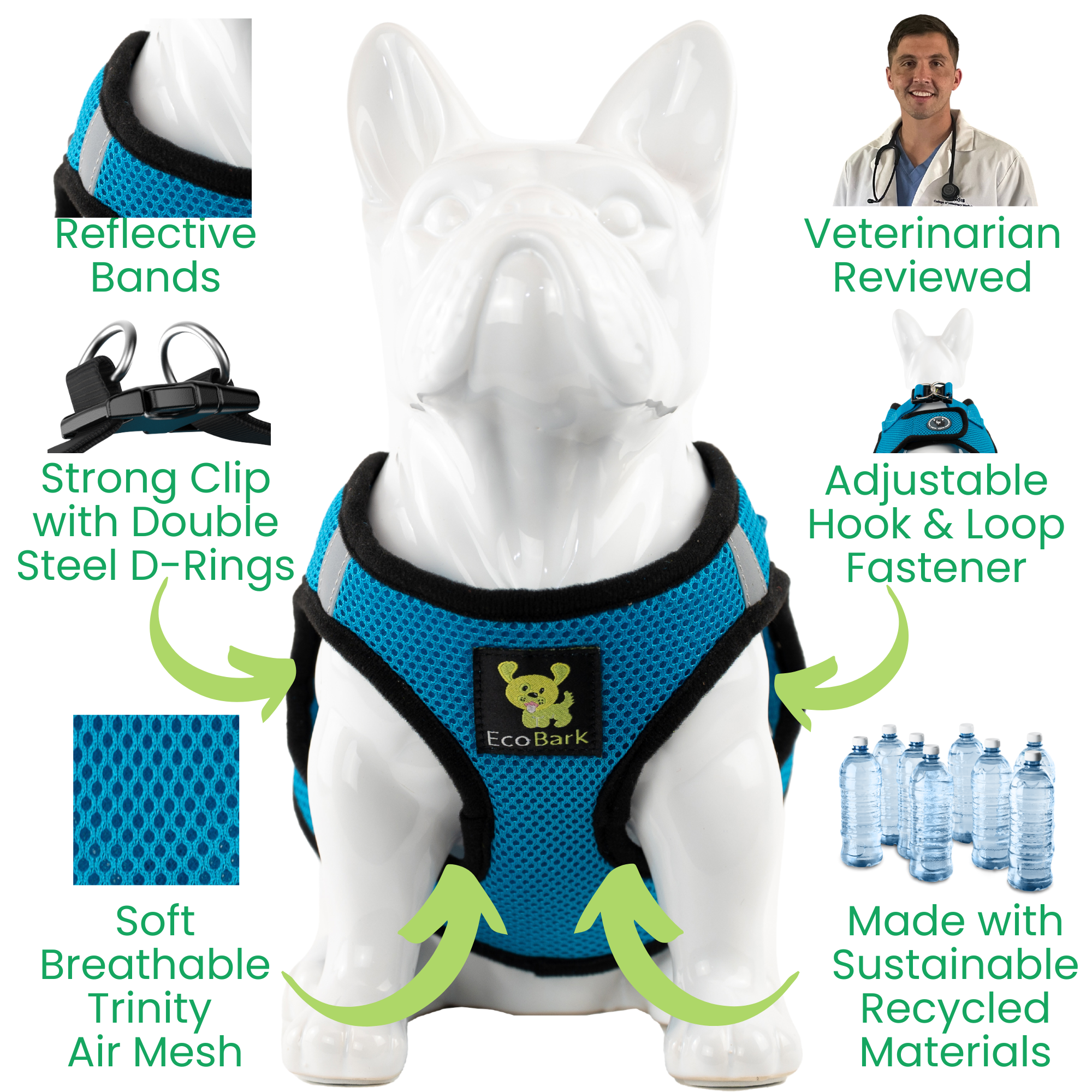 EcoBark Step In Dog Harness - Teacup & Small Breeds- Reflective Soft Mesh Harness for Teacup, Small Dogs and Puppies / Teal